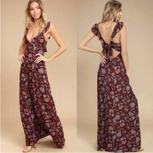 Lulus Burgundy Floral Ruffle Sleeve Open Back Maxi Dress